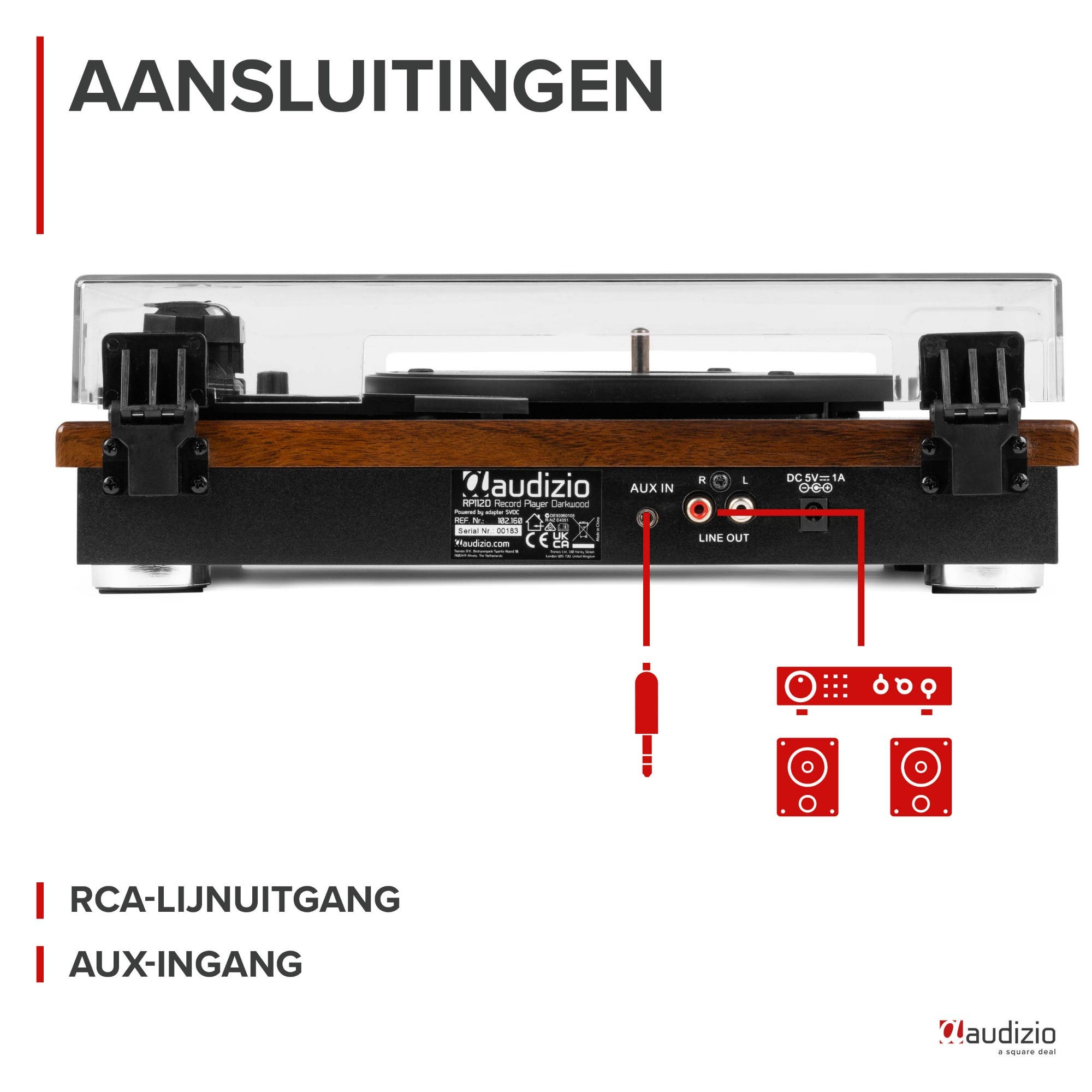 Rear view of a record player showing AUX IN, LINE OUT, and DC power connections.