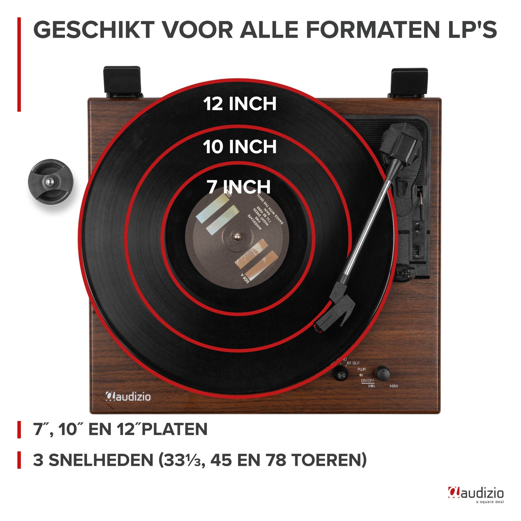 Turntable showing 7, 10, and 12 inch records and 3 speeds.