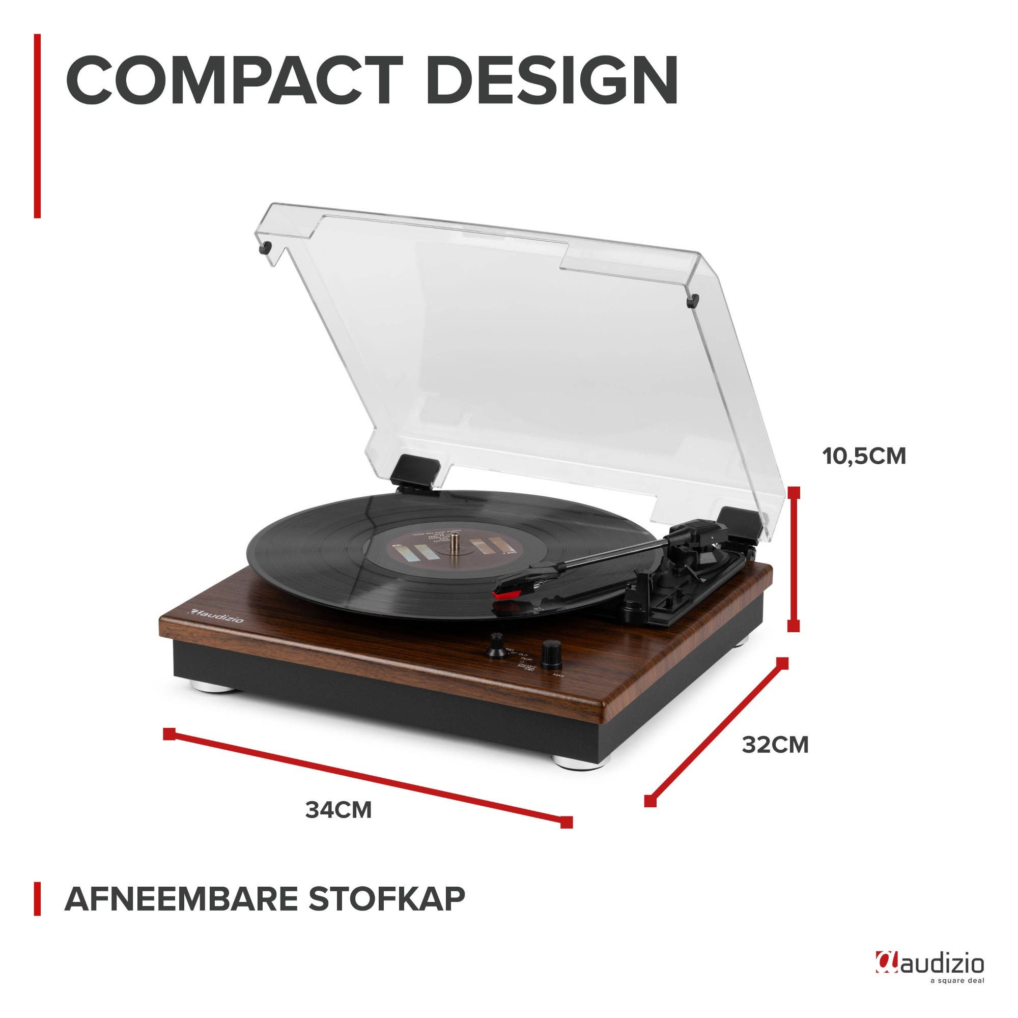 A wooden record player with a vinyl record and tonearm under a clear dust cover.