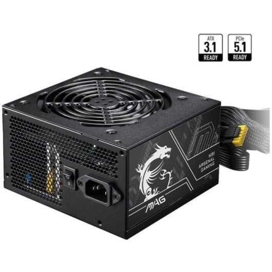 Czarny zasilacz komputerowy z wentylatorem, kablami i logo MSI. Gotowy ATX 3.1 i PCIe 5.1.