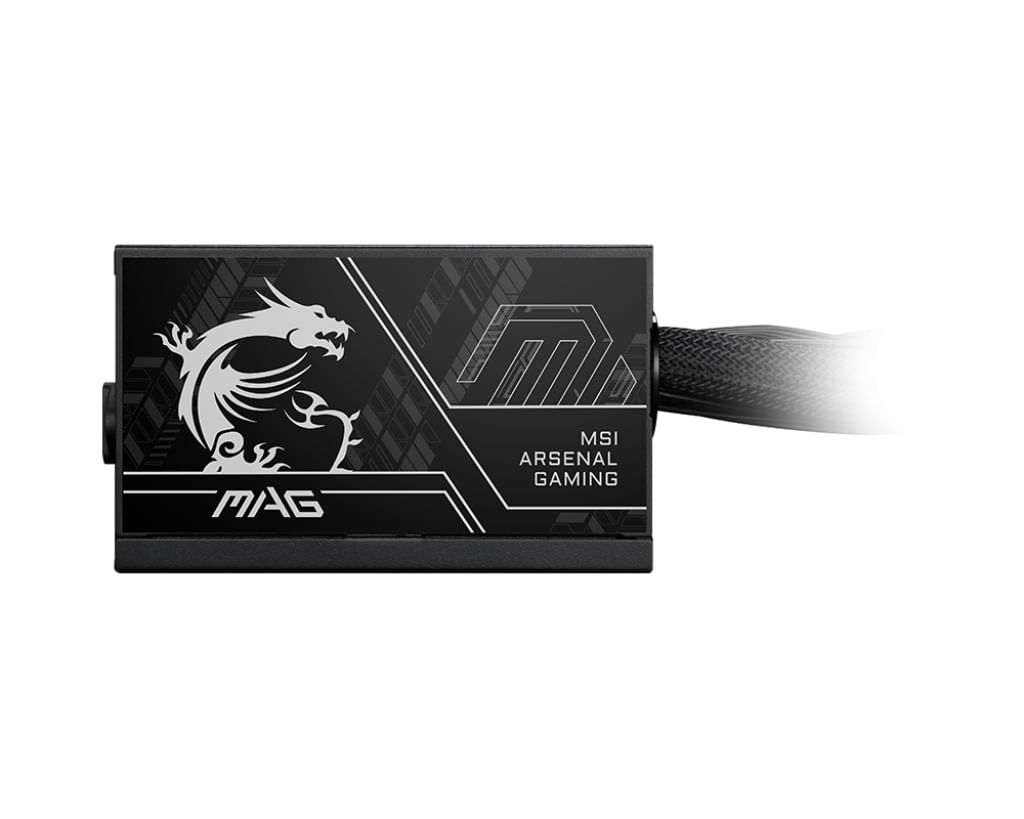 Czarny zasilacz z logo MSI Gaming i kablami.