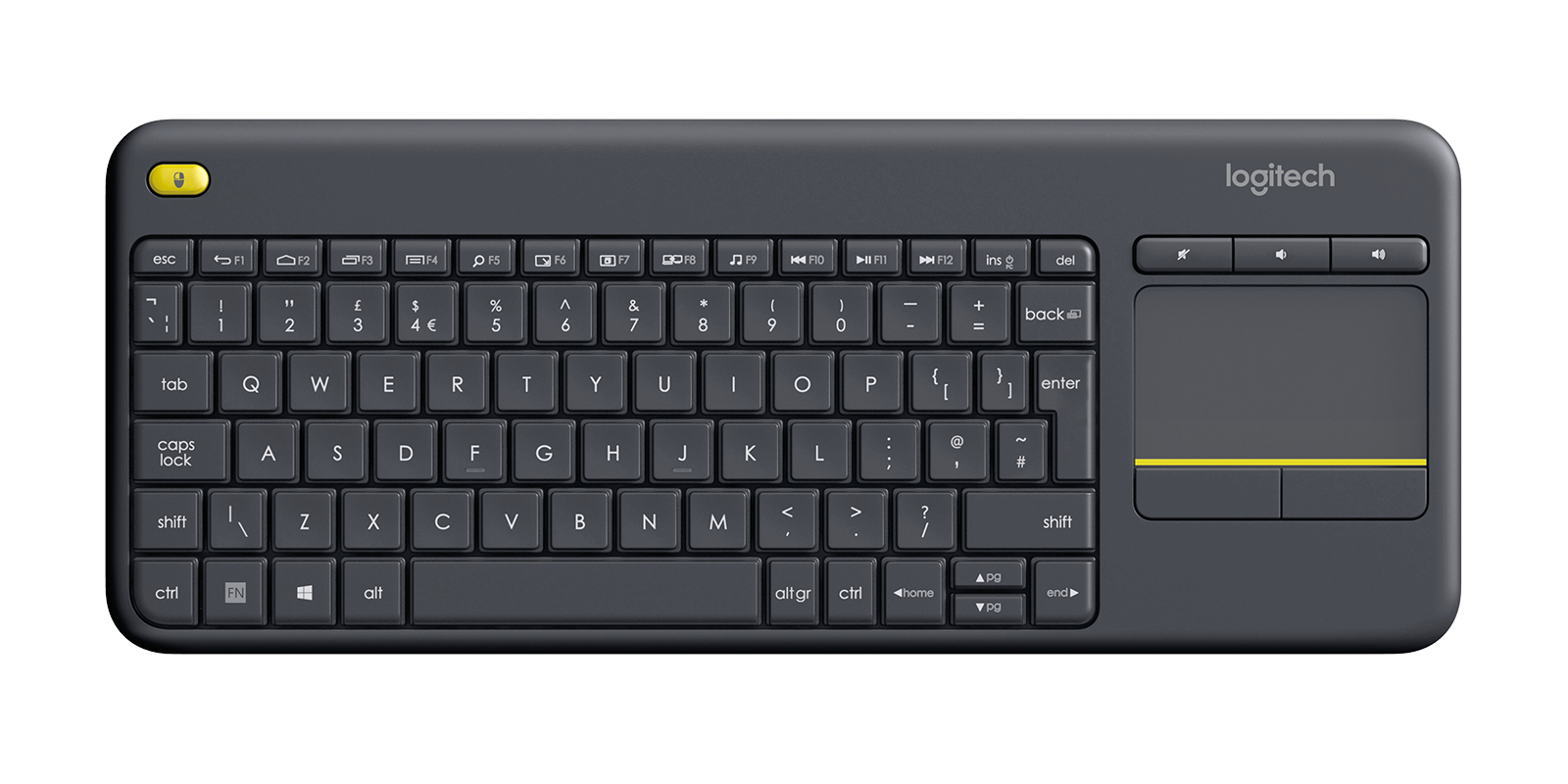 Un teclado Logitech gris oscuro con touchpad integrado y detalles amarillos.