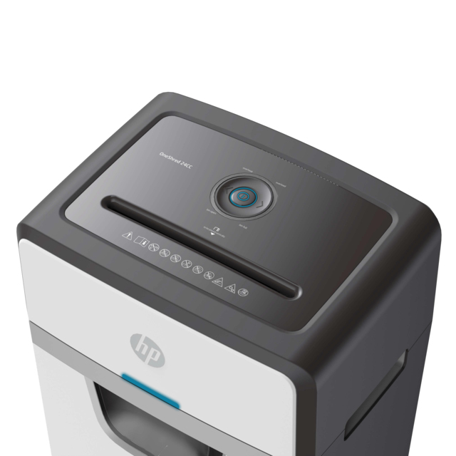 Une déchiqueteuse HP blanche et grise.