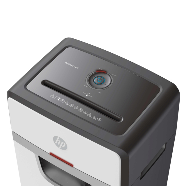 Une déchiqueteuse à papier blanche et grise de marque HP avec commandes.
