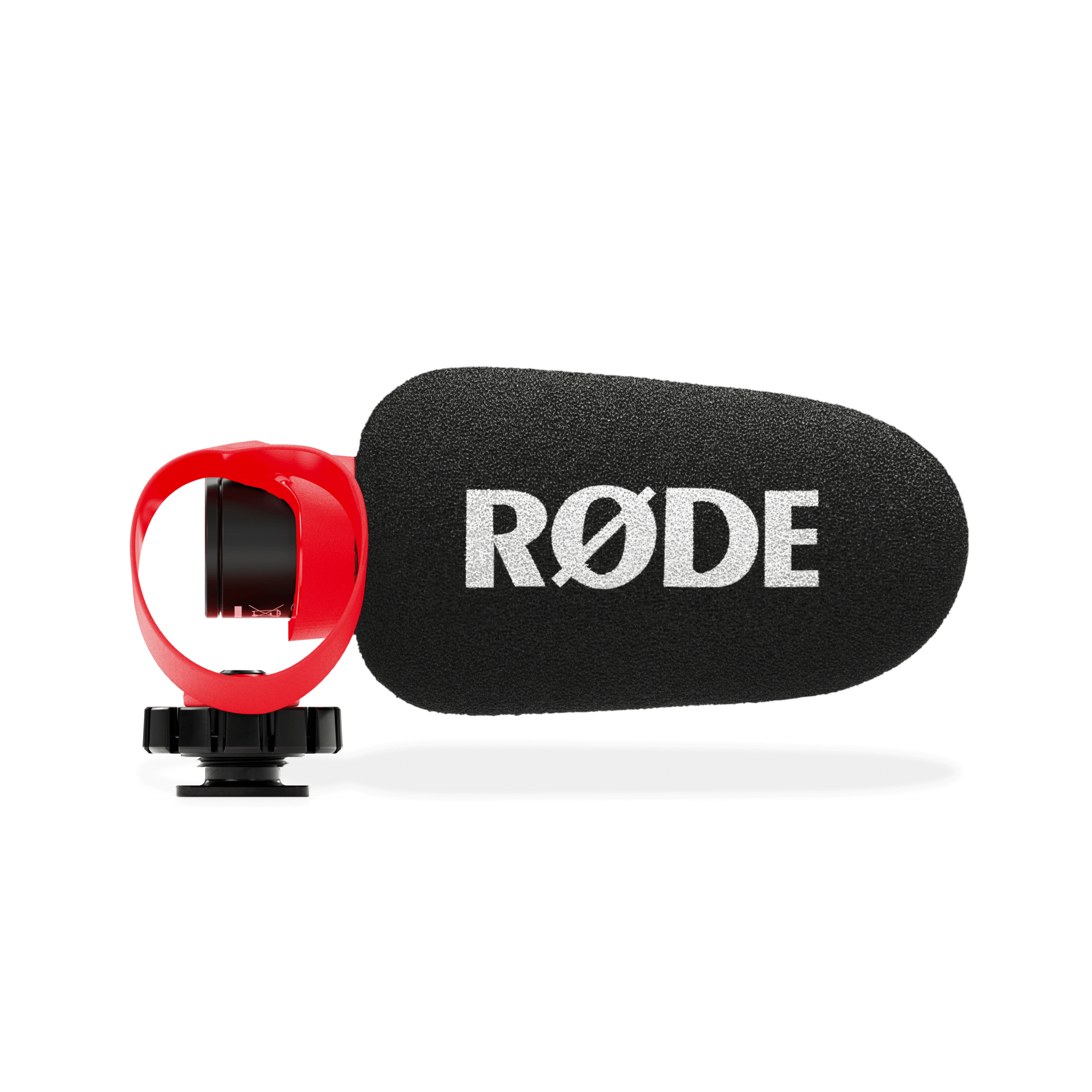 Schwarzer Windschutz mit RØDE-Logo auf rotem Mikrofonhalter mit schwarzem Knopf.