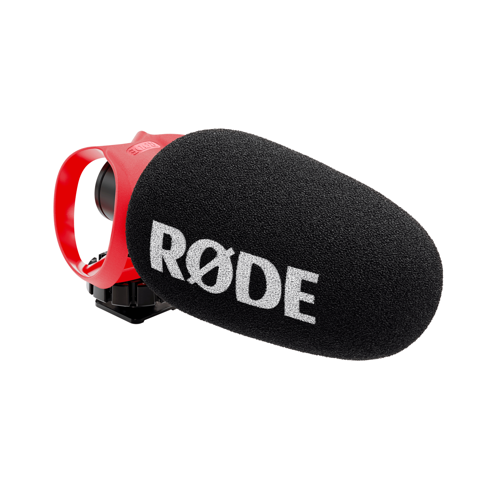 Roter Mikrofon-Windschutz mit schwarzem Schaumstoff und weißem RØDE-Logo.