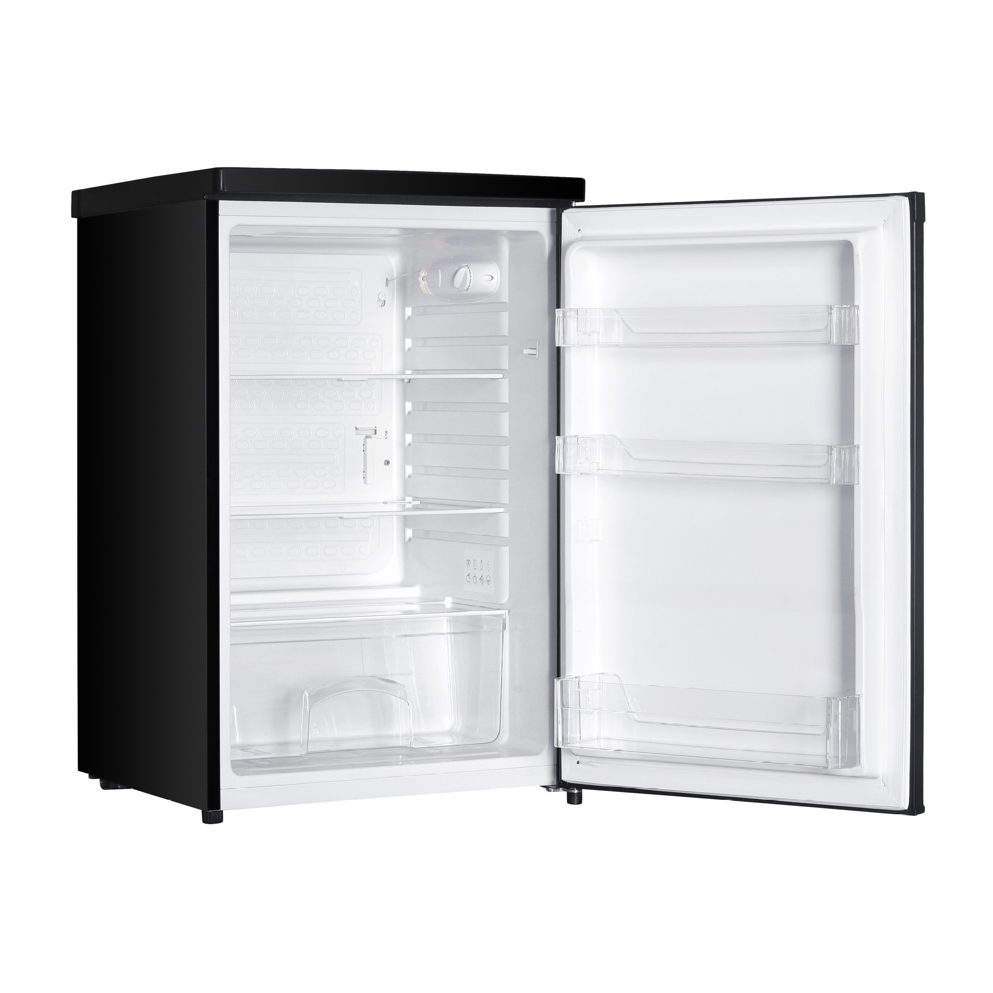 Ein schwarzer Kühlschrank mit offener Tür, Innenraum mit Regalen und Schubladen.