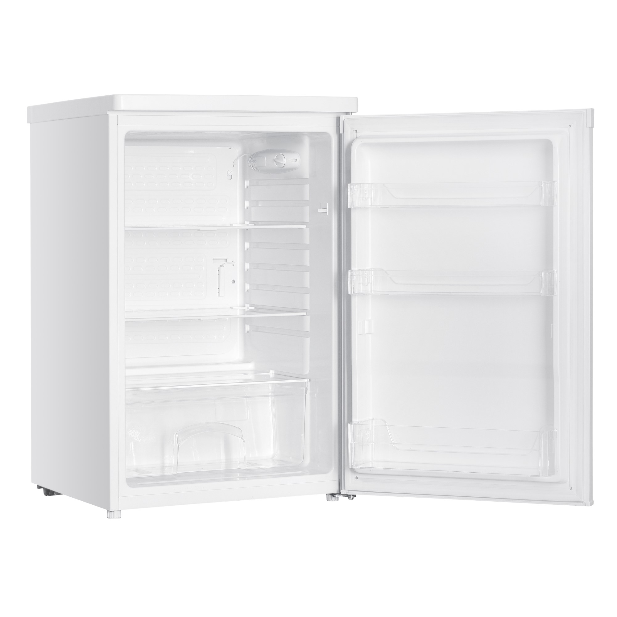 Ein leerer weißer Kühlschrank mit offener Tür und mehreren Regalen.