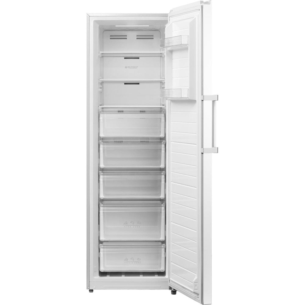 Ein weißer Kühlschrank mit geöffneter Tür und mehreren Schubladen.