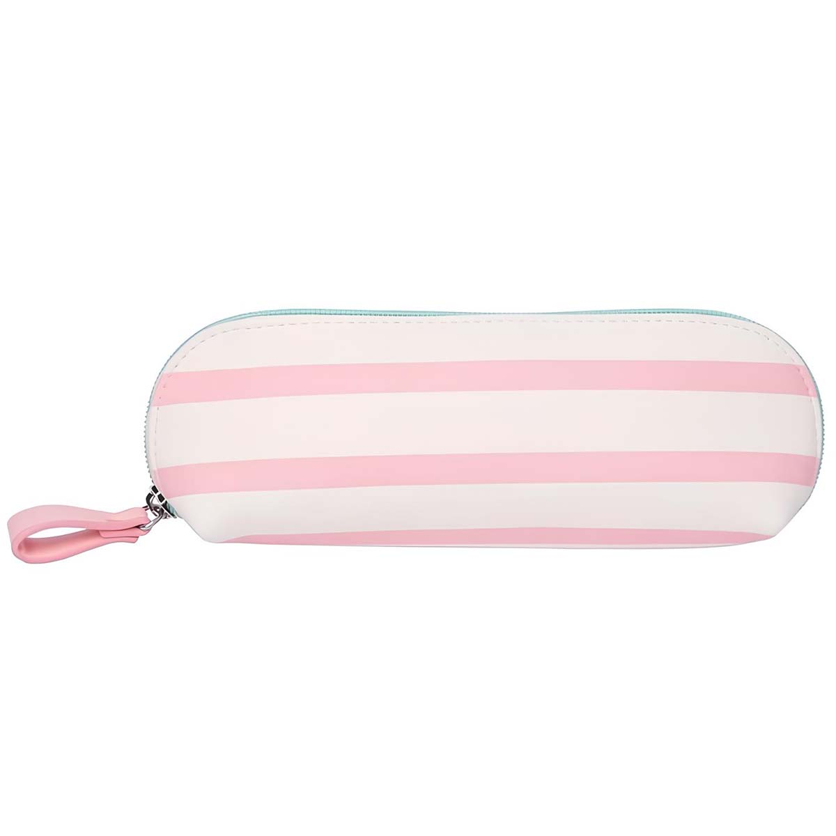 Ein weißes Federmäppchen mit horizontalen rosa Streifen und einem rosa Reißverschlussschieber.