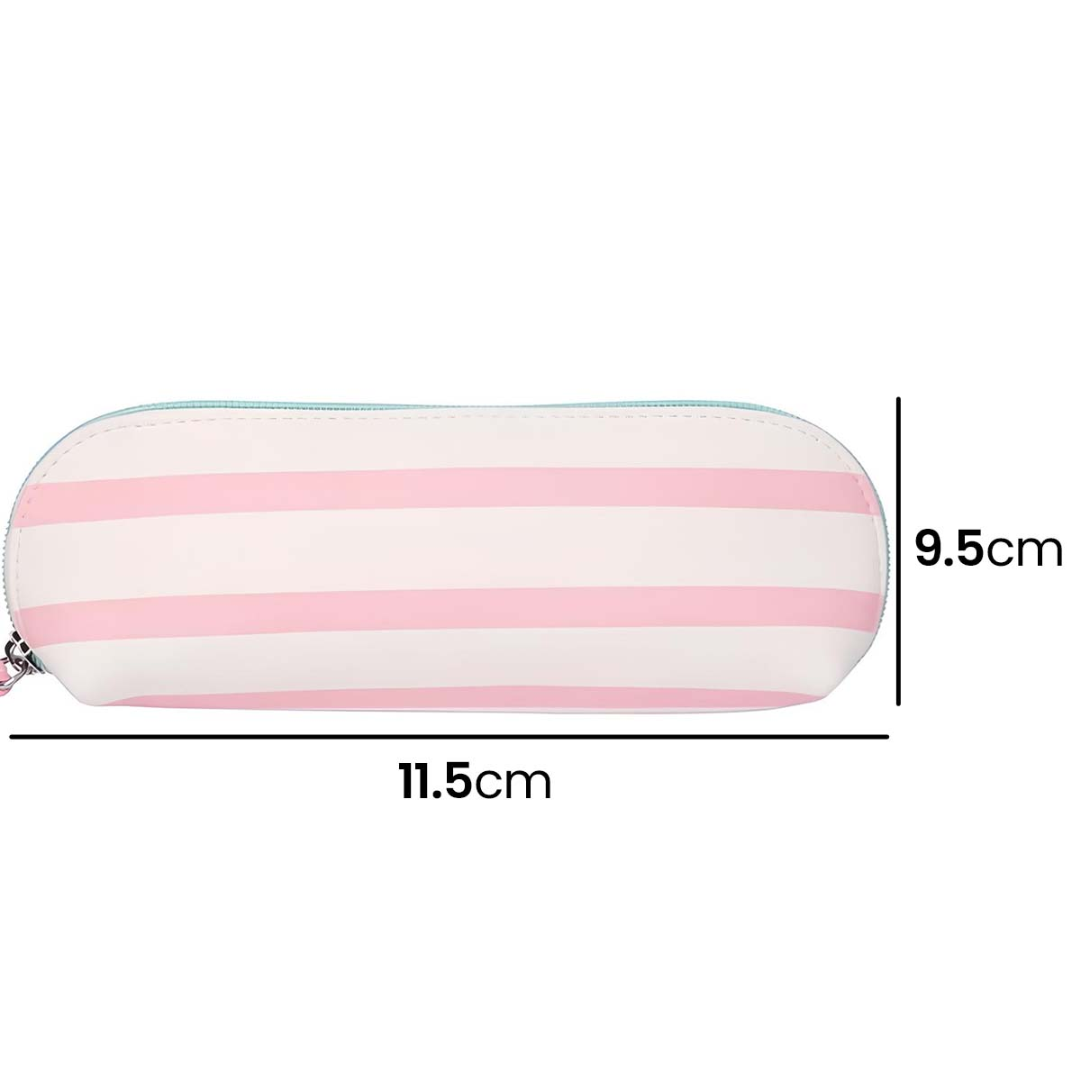 Rosa und weiß gestreifte Federtasche, 11,5 cm lang und 9,5 cm hoch.