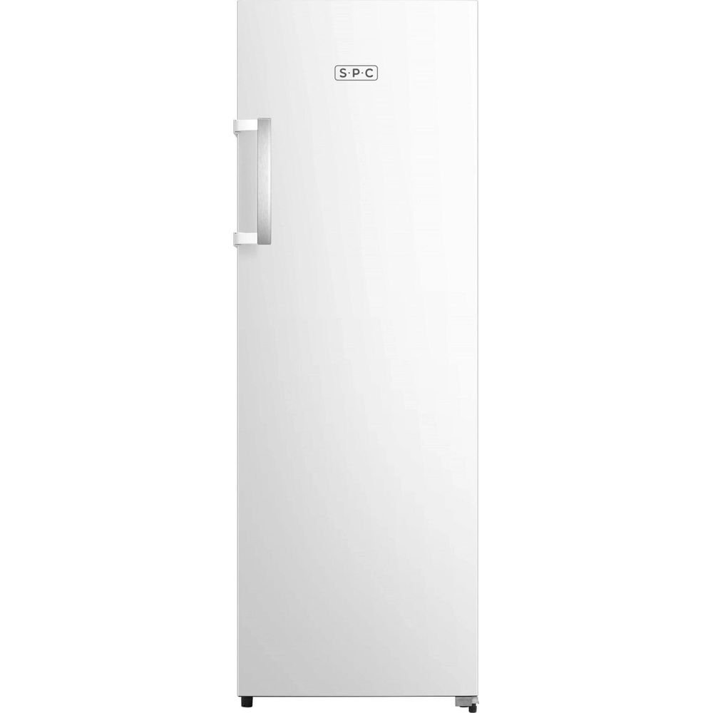 Ein weißer, hochformatiger Gefrierschrank mit silbernem Griff und SPC-Logo.