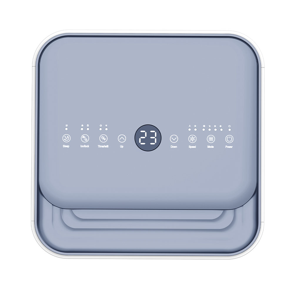 Un purificatore d'aria azzurro con display digitale che mostra '23' e icone di controllo.