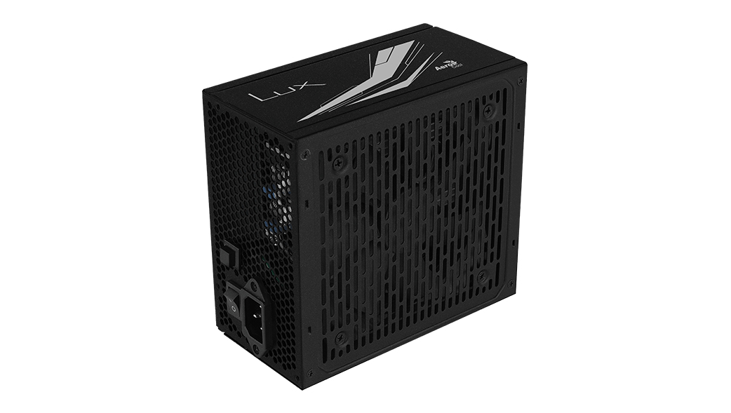Alimentatore nero con design a linea argentata e griglia di ventilazione.