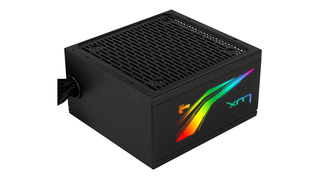 Alimentatore PC nero con illuminazione RGB colorata e cavi.