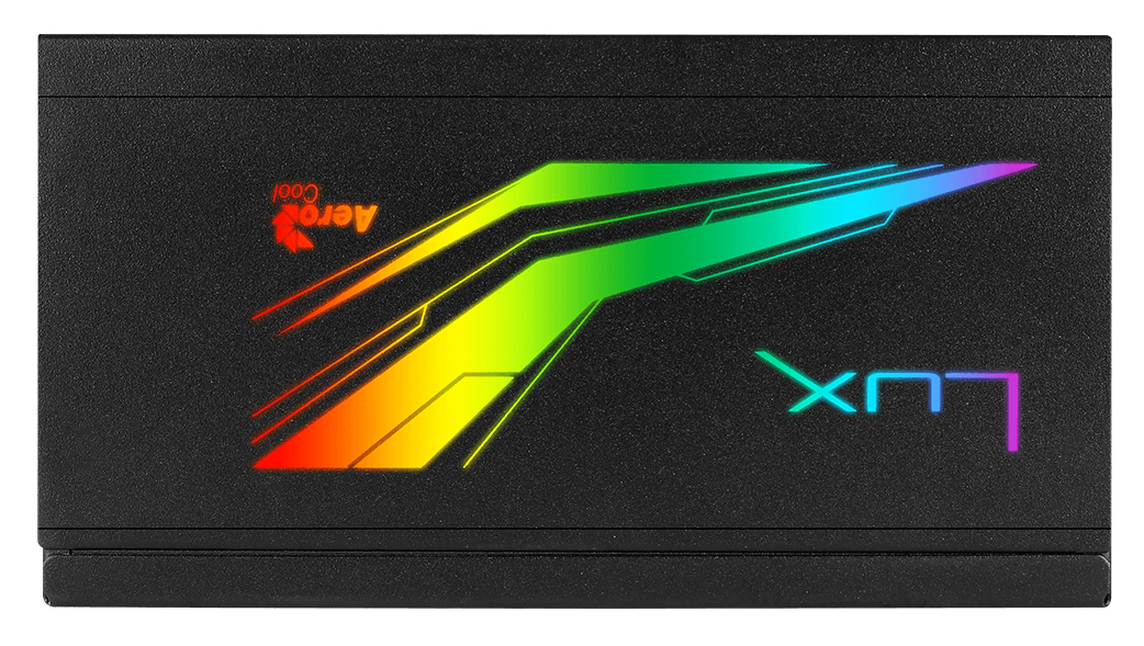 Alimentatore nero con logo RGB colorato e testo 'Aerocool' e 'XN7'.