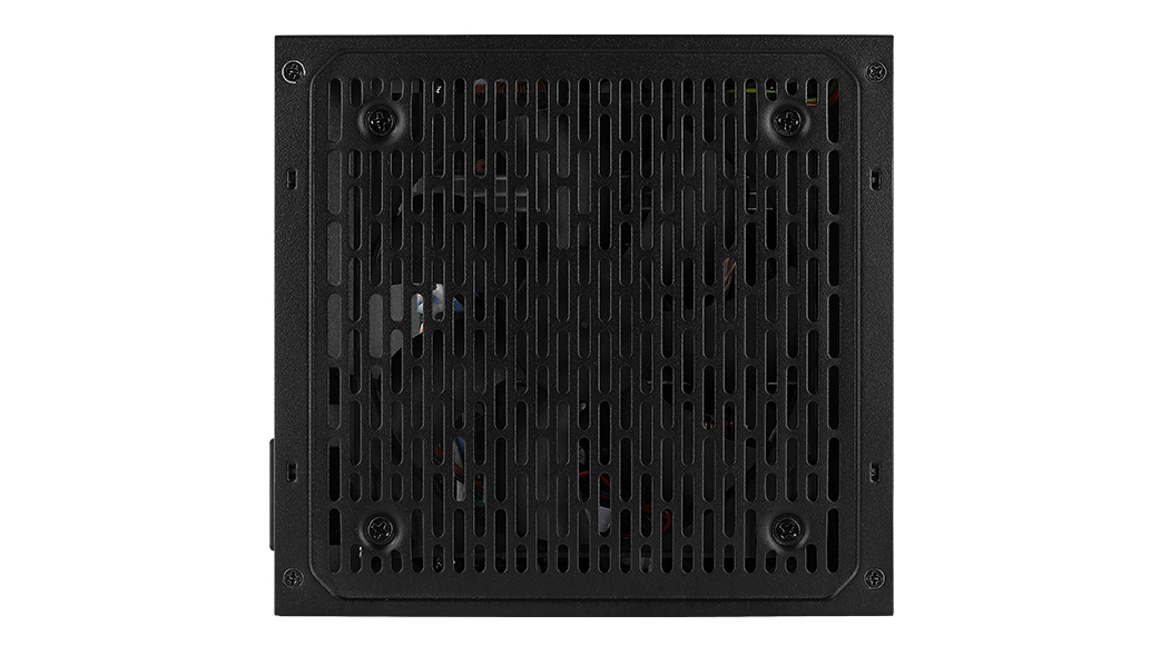 Scatola nera di alimentatore con fessure di ventilazione e viti visibili.