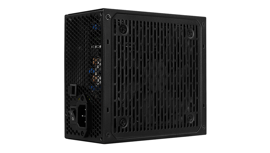 Alimentatore nero con fessure di ventilazione e interruttore.