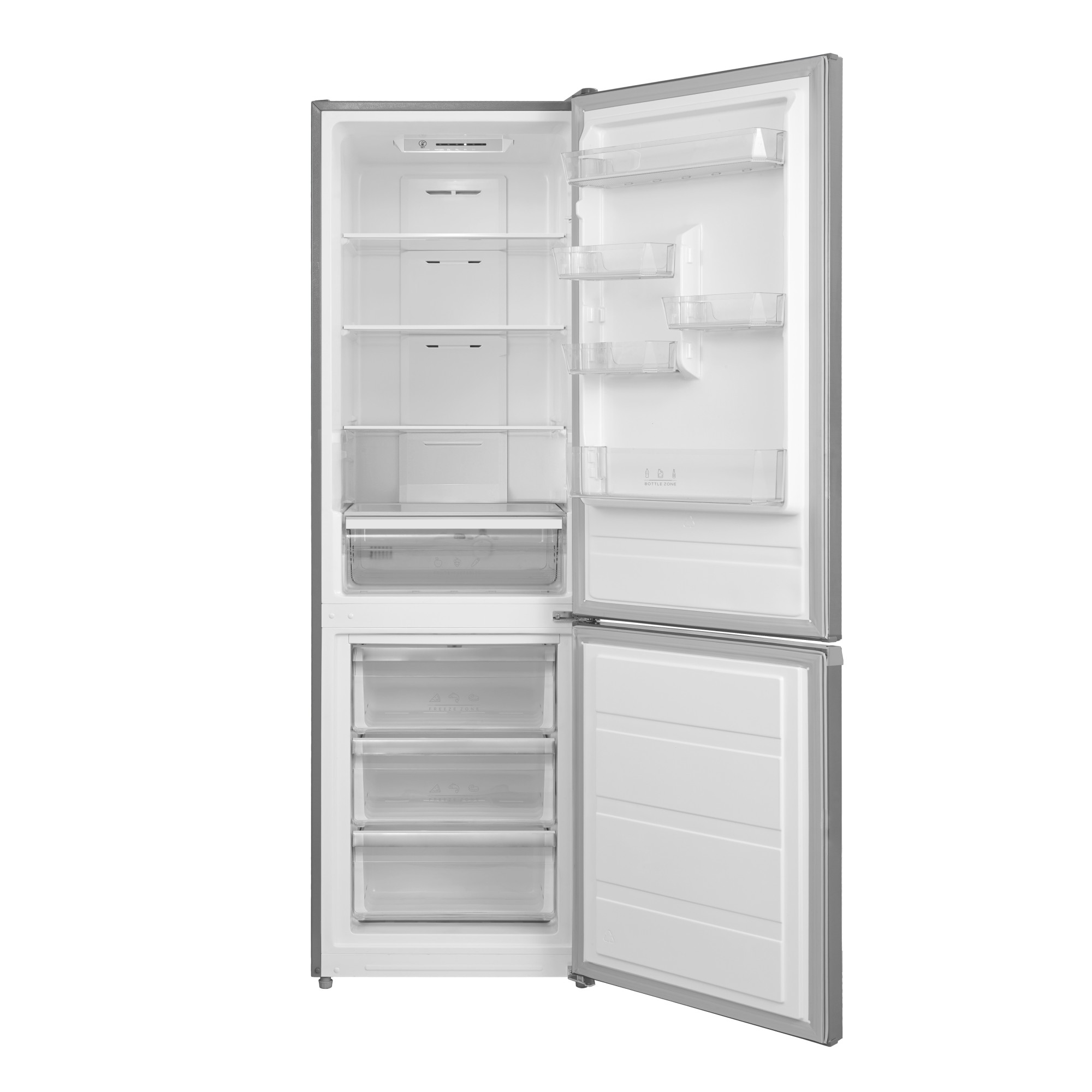 Ein offener silberner Kühlschrank mit mehreren Regalen und Schubladen.