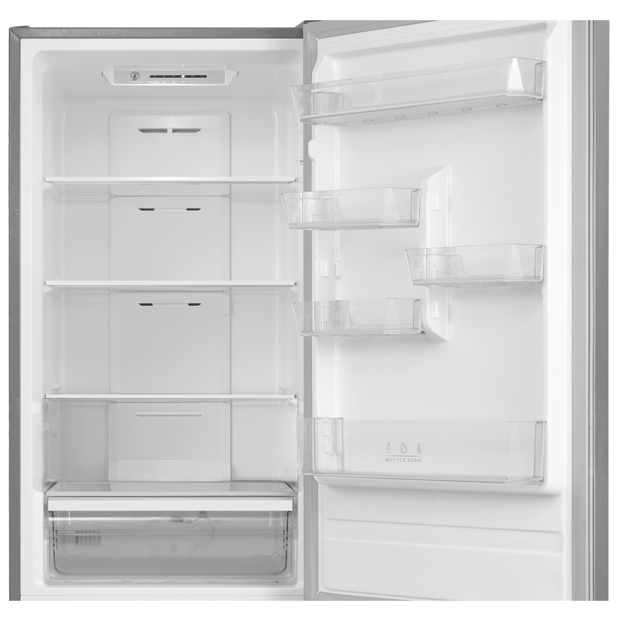Ein leerer Kühlschrank mit mehreren Regalen und transparenten Behältern.