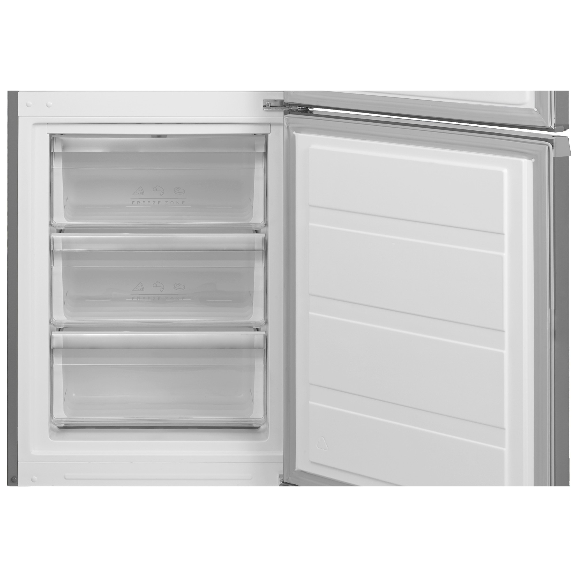 Ein offener Kühlschrank mit drei durchsichtigen Schubladen auf der linken Seite und der offenen Tür.