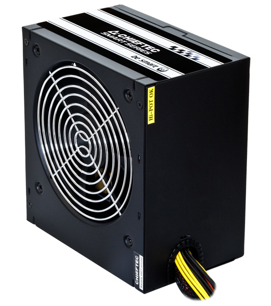 Alimentatore per computer nero con ventola, cavi e adesivi.