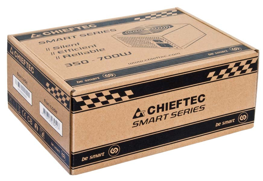 Scatola in cartone per alimentatore Chieftec Smart Series 350-700W. Loghi e testo.