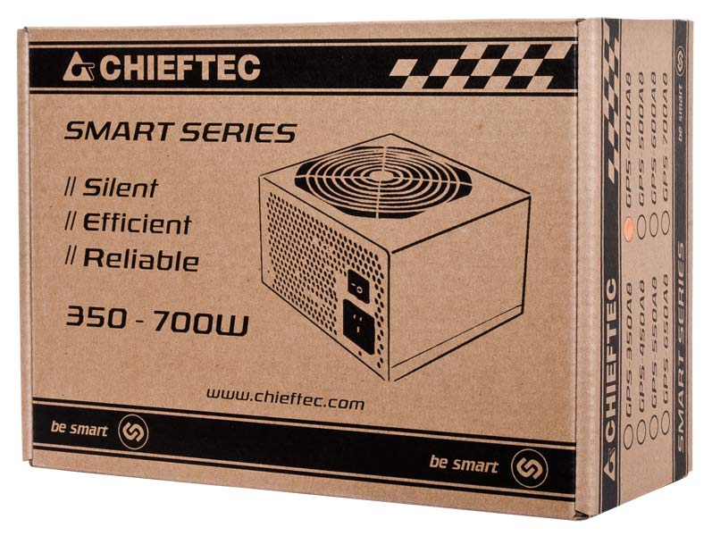 Scatola alimentatore Chieftec Smart Series con illustrazione e specifiche.