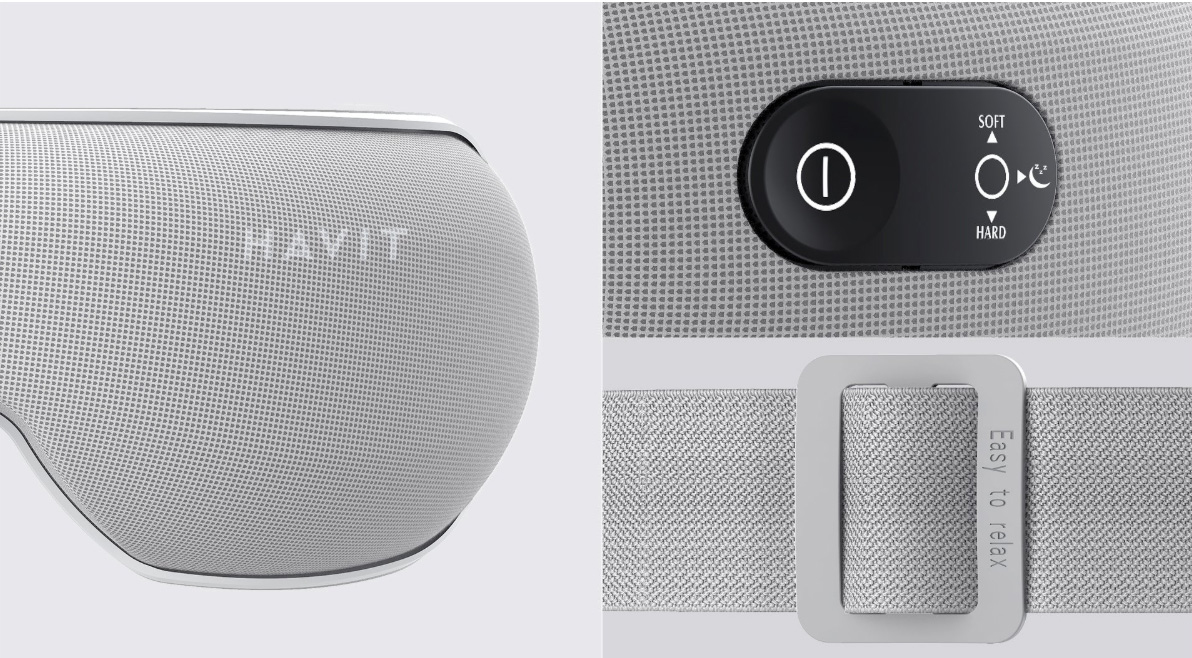 Máscara de dormir gris con logo Havit, controles y correa ajustable.