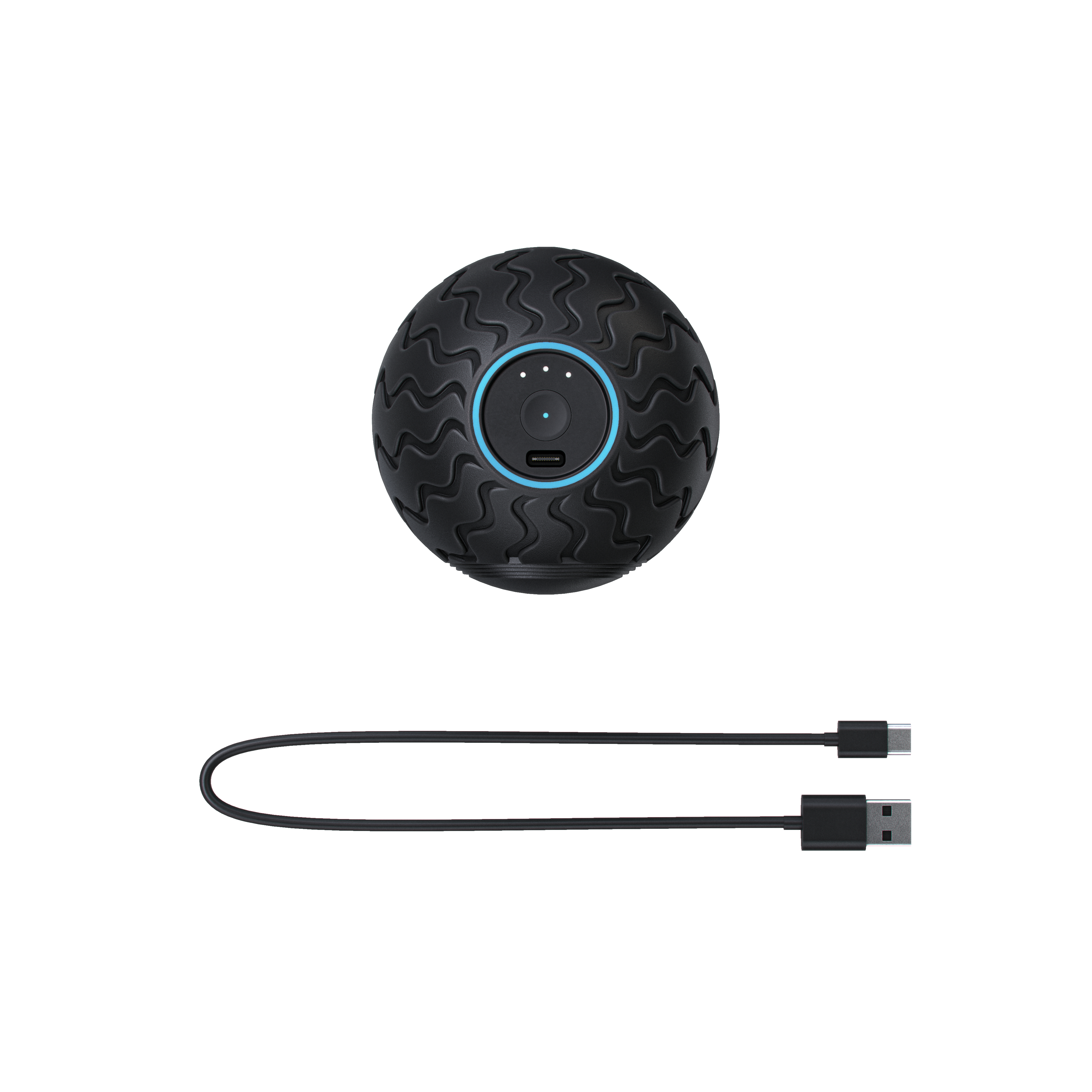 Pelota de masaje negra con cable de carga USB-C sobre fondo blanco.