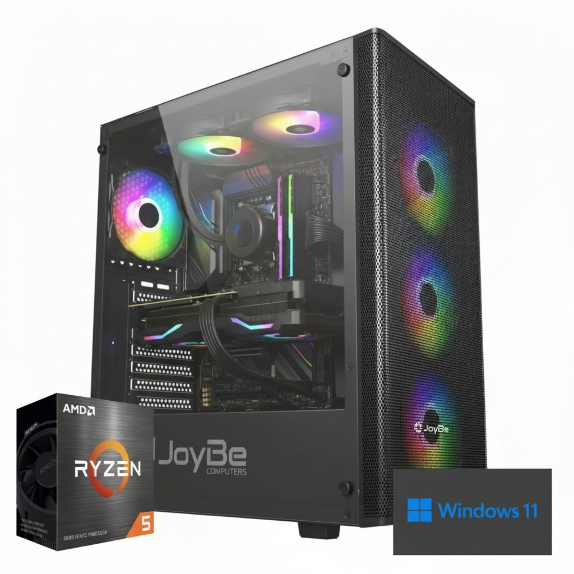 Un PC gaming con ventole RGB, CPU AMD Ryzen 5 e Windows 11.