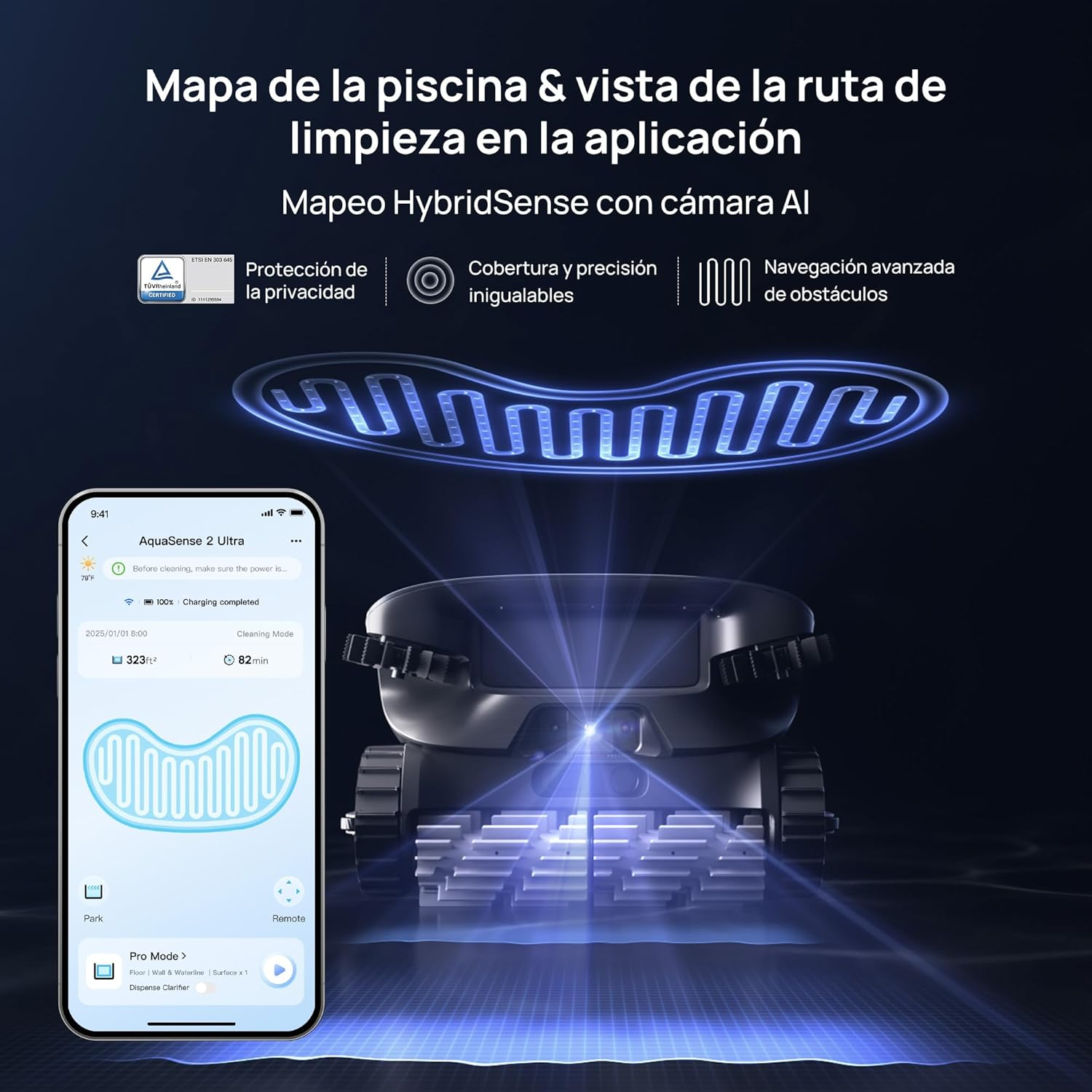 Un robot de limpieza de piscina con vista de app, mostrando rutas y funciones.