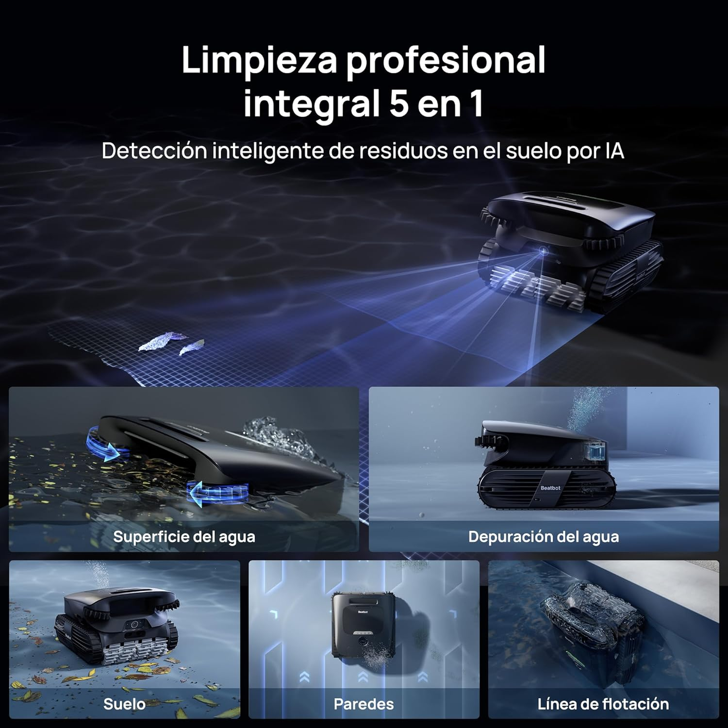 Un robot de piscina negro limpia el agua, recogiendo escombros.