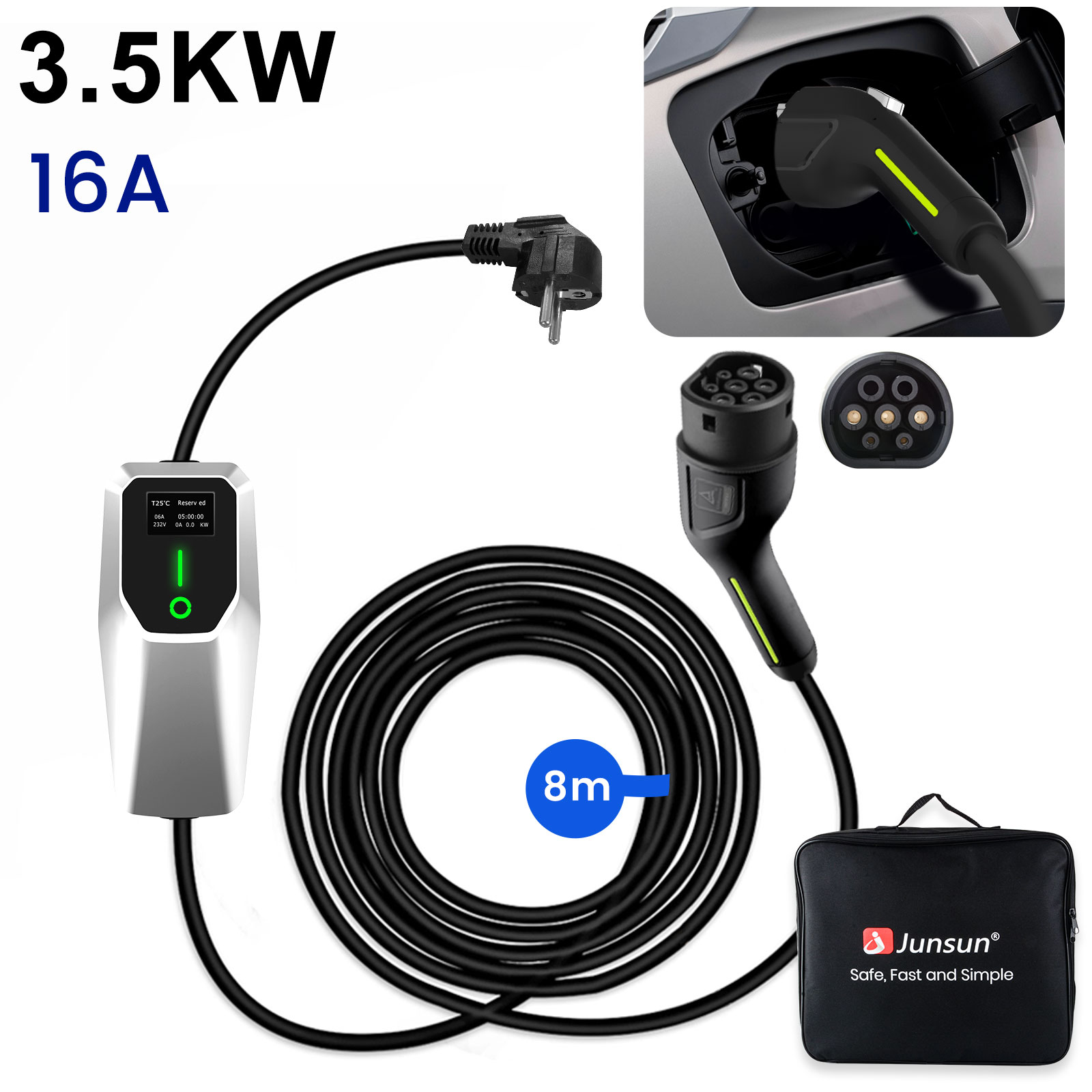 Cargador de 3.5KW 16A con cable de 8m, enchufe y bolsa.