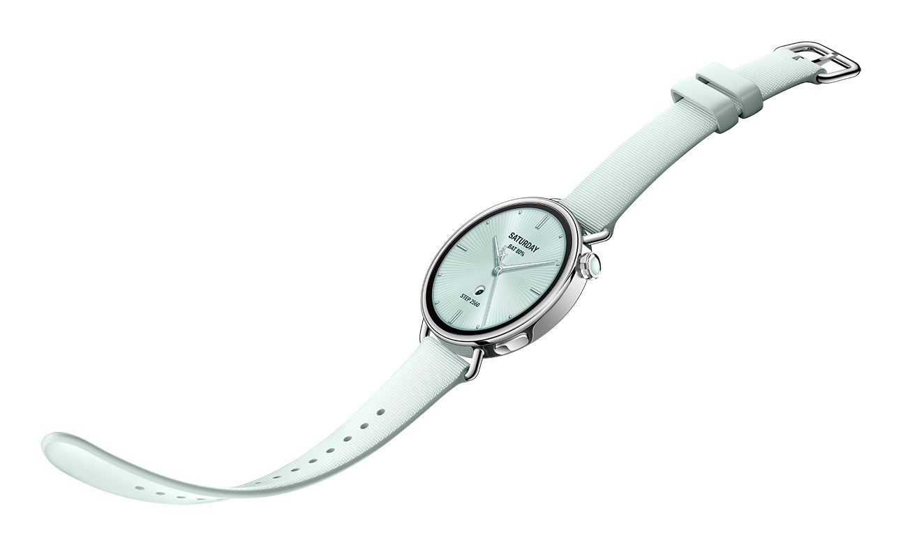 A mint green smartwatch with a silver case and band, floating on a white background.