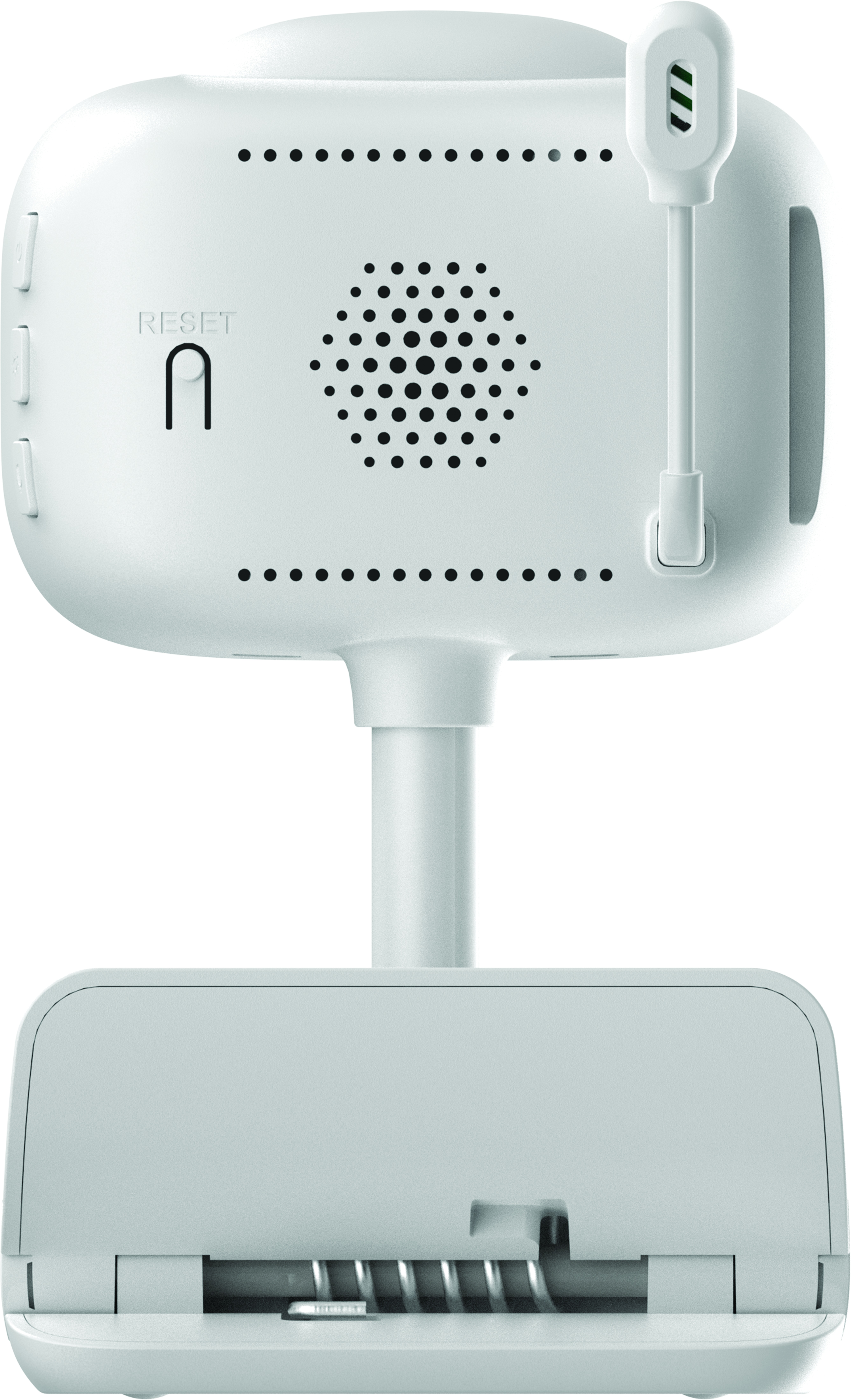 Ein weißes Babyphone mit Lautsprecher, Reset-Taste und Antenne.