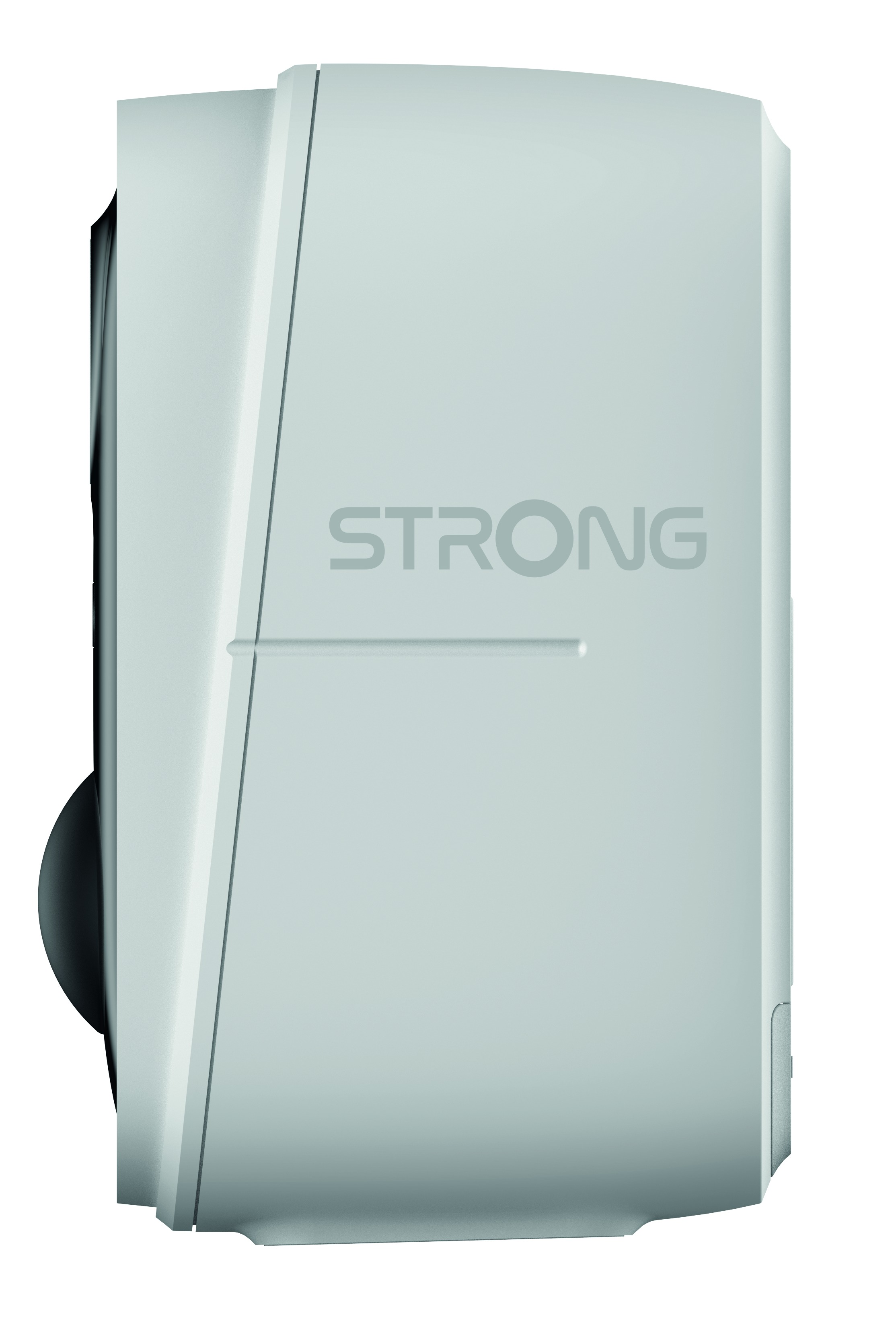 Ein hellgraues elektronisches Gerät mit dem Schriftzug STRONG.