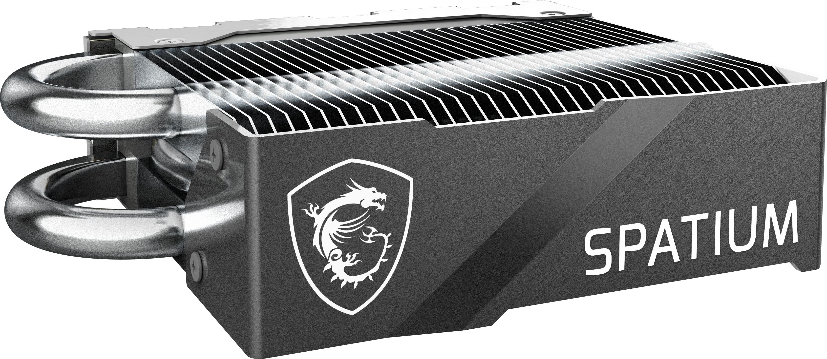 Srebrny cooler CPU z rurkami cieplnymi i logo MSI.