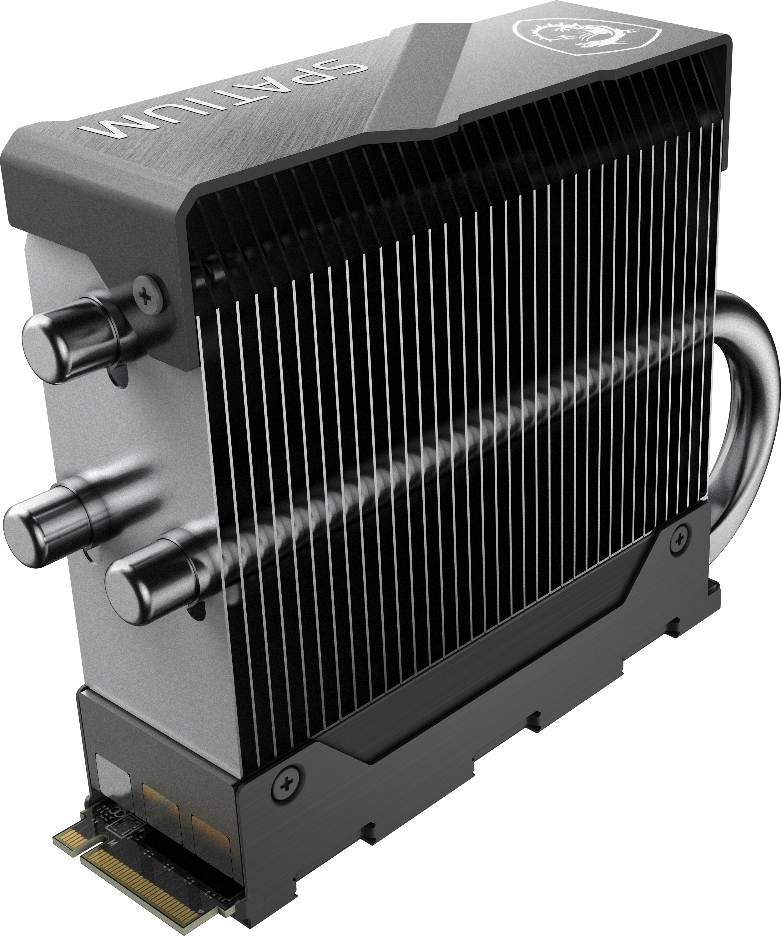 Srebrny radiator CPU z czarnymi żeberkami i logo MSI.