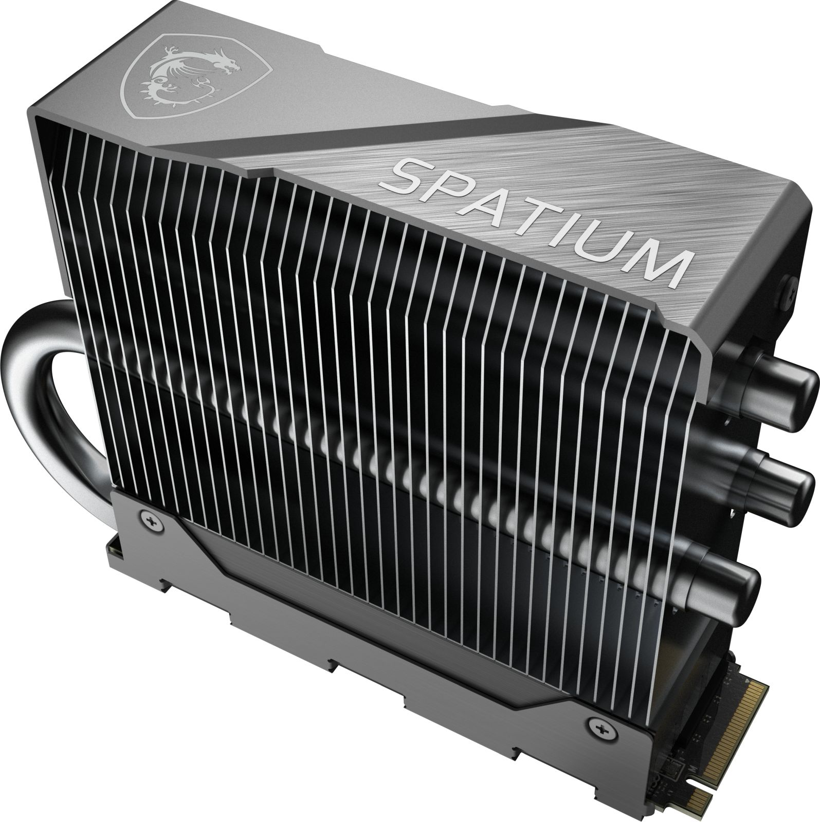 Srebrny cooler CPU z żeberkami i rurkami cieplnymi, z napisem 'SPATIUM'.