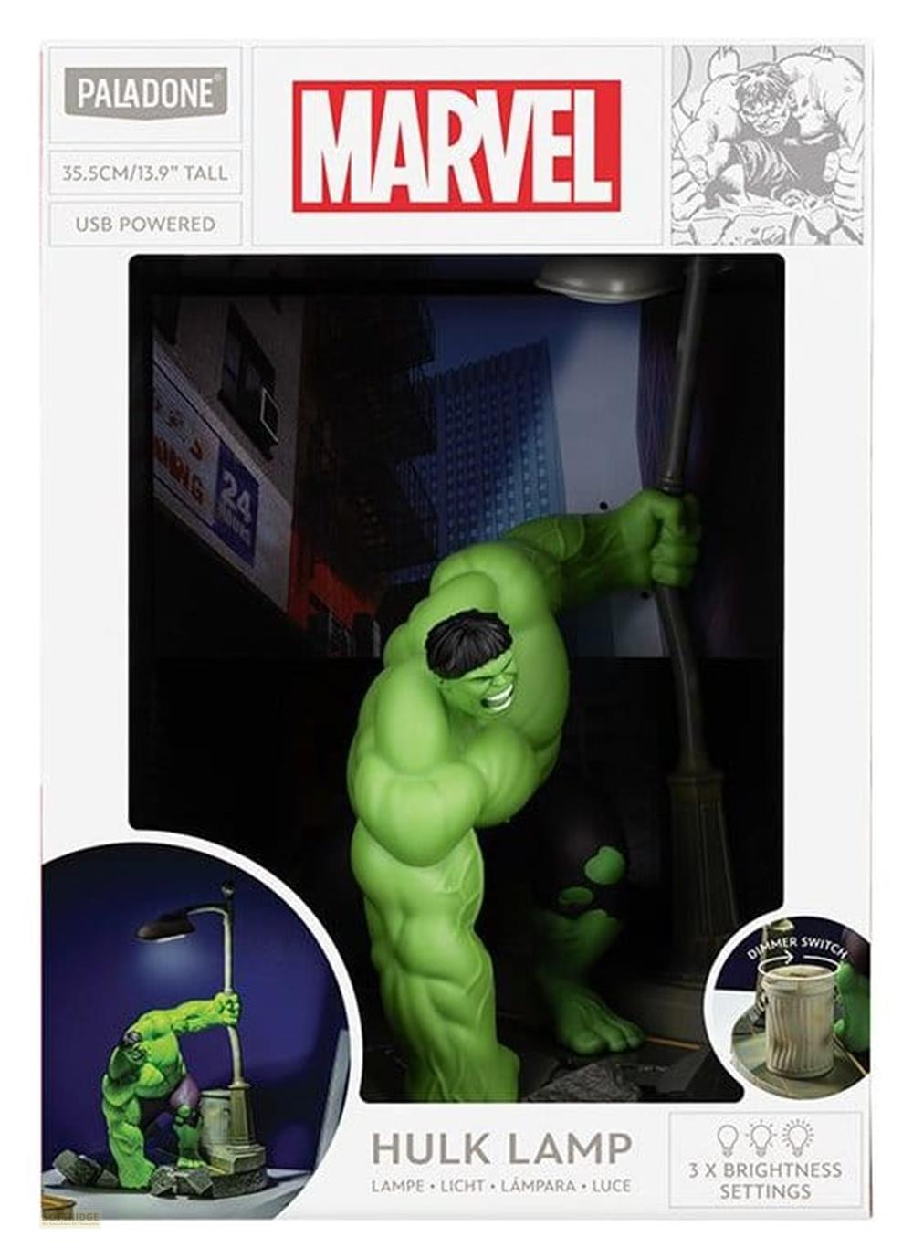 Hulk-Lampe im Karton, mit Marvel-Logo und Stadtkulisse.