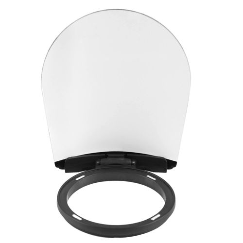 Ein weißer, gewölbter Reflektor mit schwarzem Sockel und Ring.