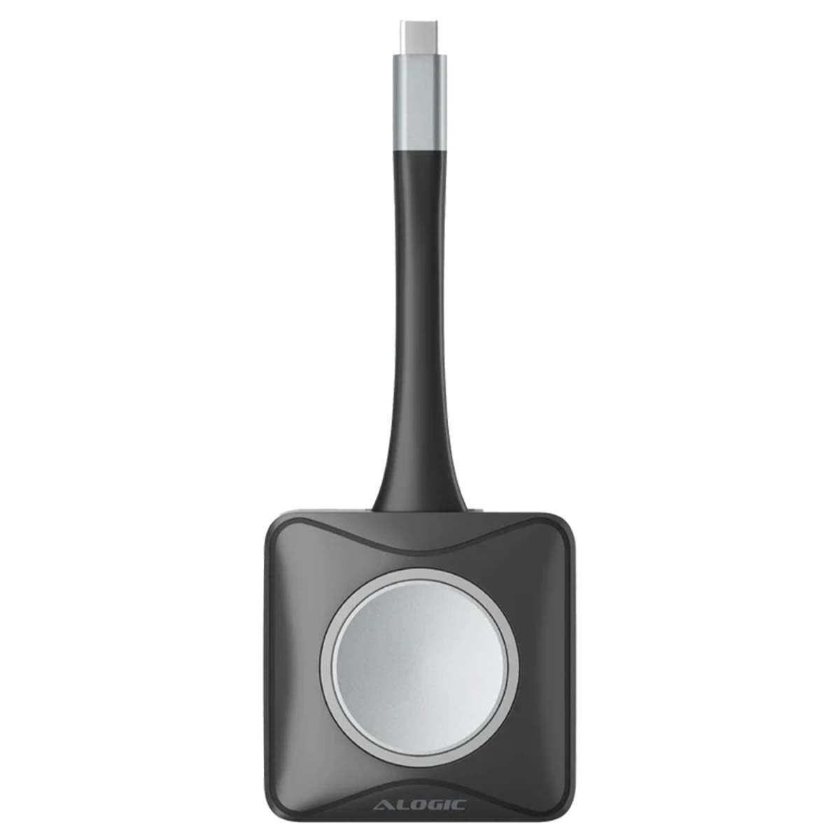 Ein schwarzer Alogic-Adapter mit einem silbernen runden Knopf und einem USB-C-Anschluss.