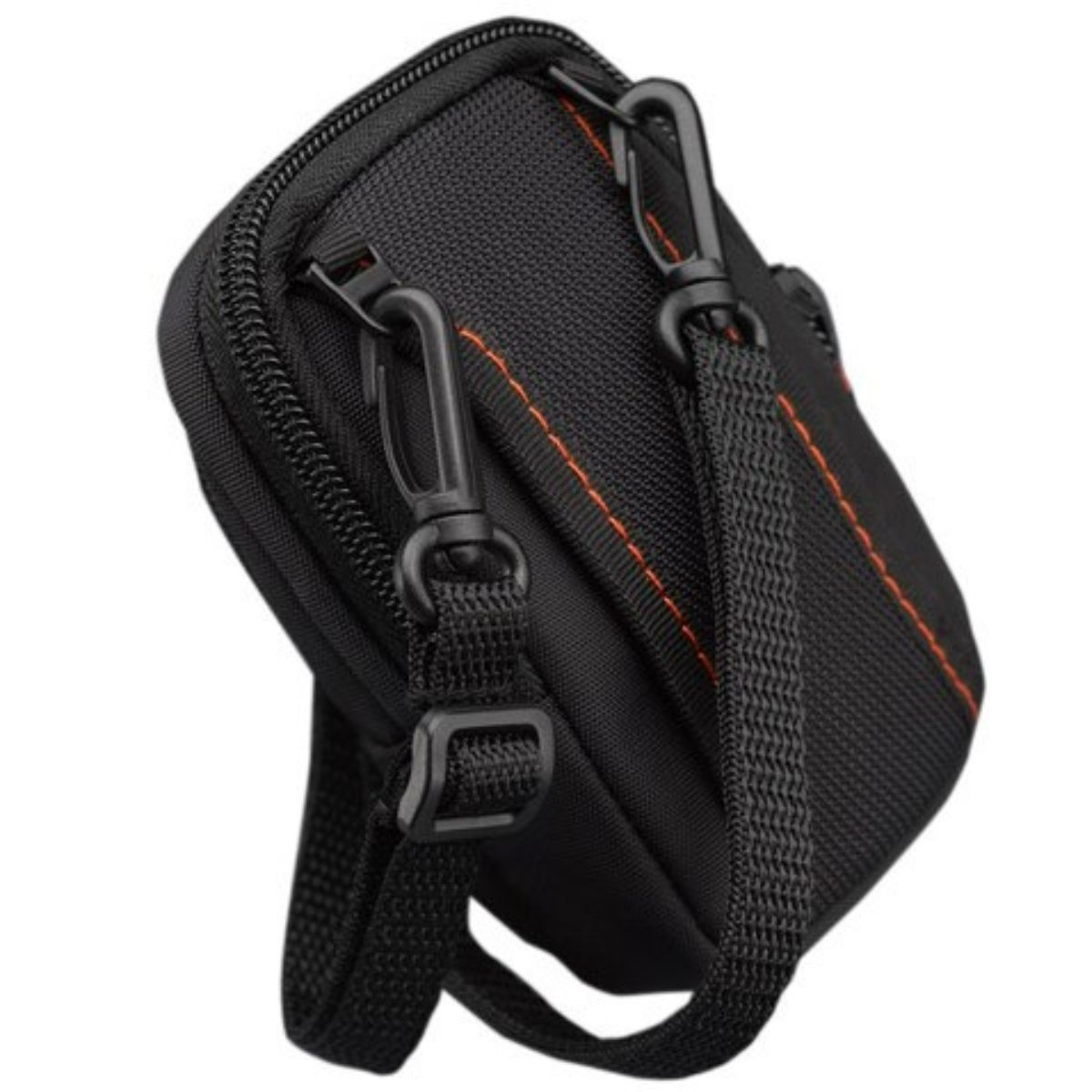 Eine schwarze Stofftasche mit orangen Nähten und schwarzen Clips.