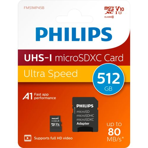 Philips 512 GB microSDXC Karte, Ultra Speed, A1, bis zu 80 MB/s, mit Adapter.