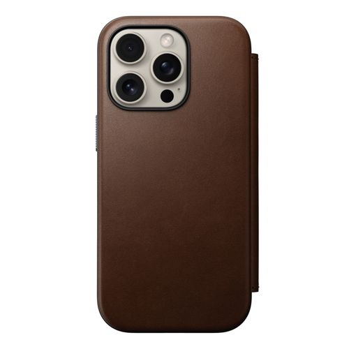 Custodia per telefono marrone scuro con sistema di fotocamere posteriori.