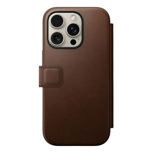 Custodia a libro in pelle marrone per smartphone con tripla fotocamera.