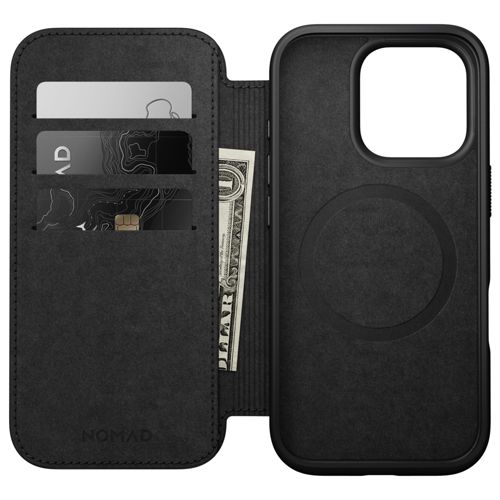 Custodia nera in pelle per telefono con slot per carte e un dollaro.