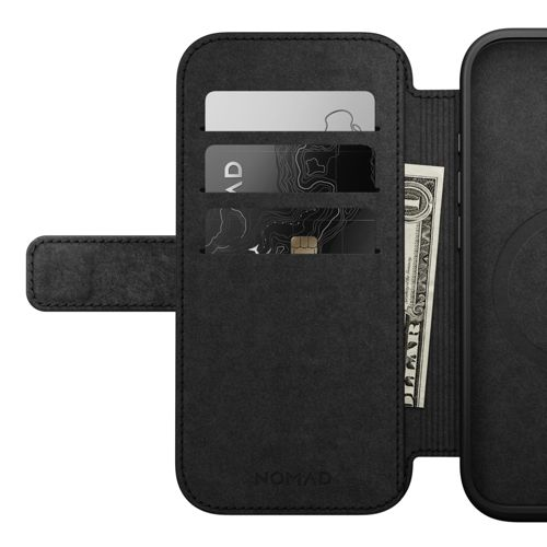 Custodia nera per telefono con tre slot per carte e una banconota.