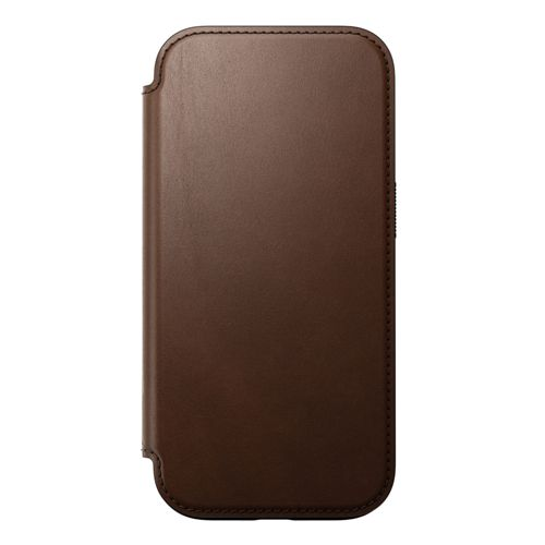 Custodia in pelle marrone per smartphone con cuciture e ritagli.